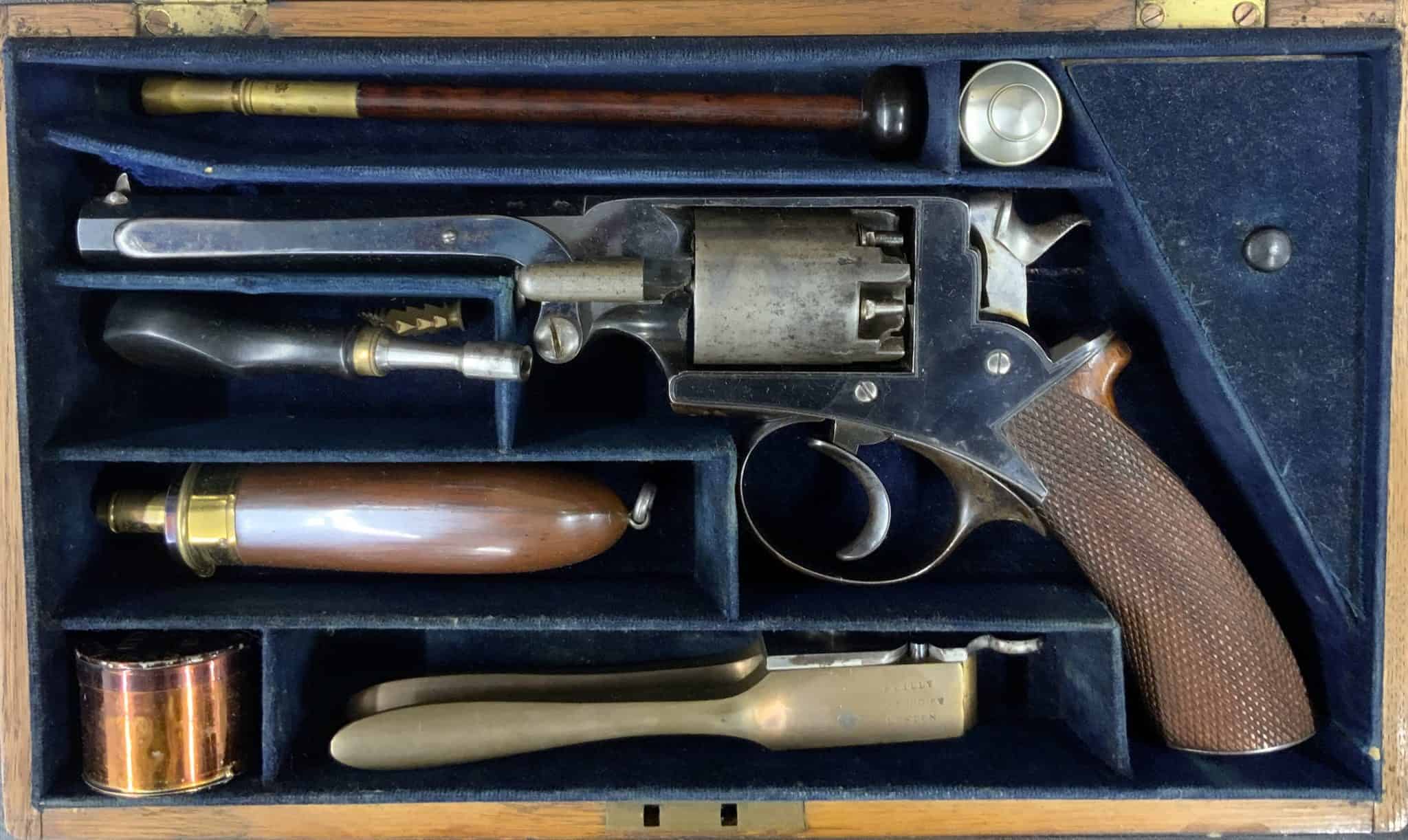 Cased 54-Bore Adams Revolver - Powder Flask UK